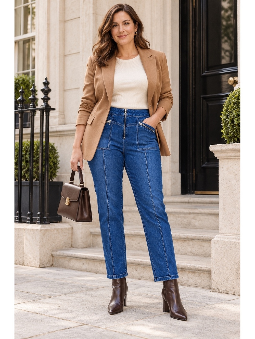 Karen Millen Exposed Zip Jeans Cropped Relaxed Fit Blue Stretch Denim US 12